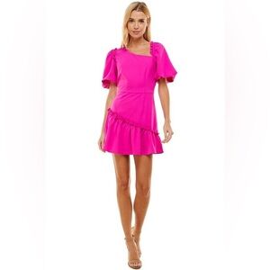 TCEC MAGENTA ASYMMETRICAL PUFF SLEEVE DRESS SIZE S NWT